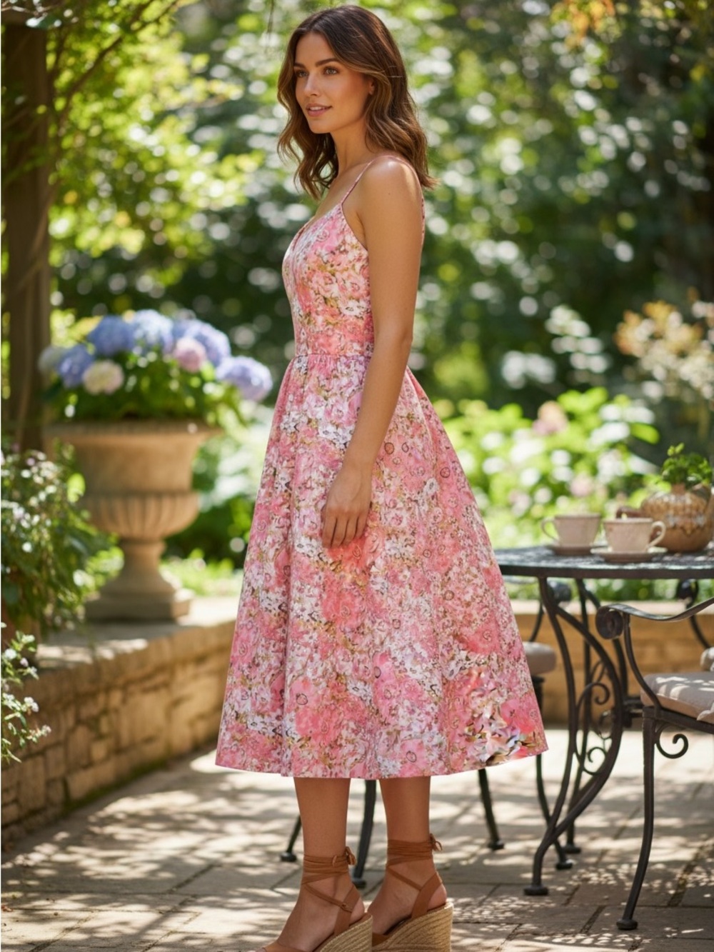 Floral Pink A-Line Midi Dress with Spaghetti Straps Sz Small